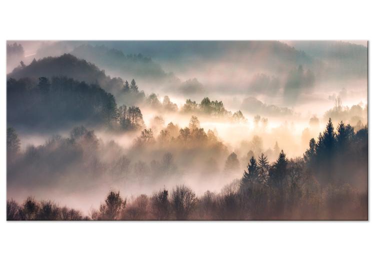 Canvas Forest in the Fog - Mountainous Landscape With Trees at Sunrise