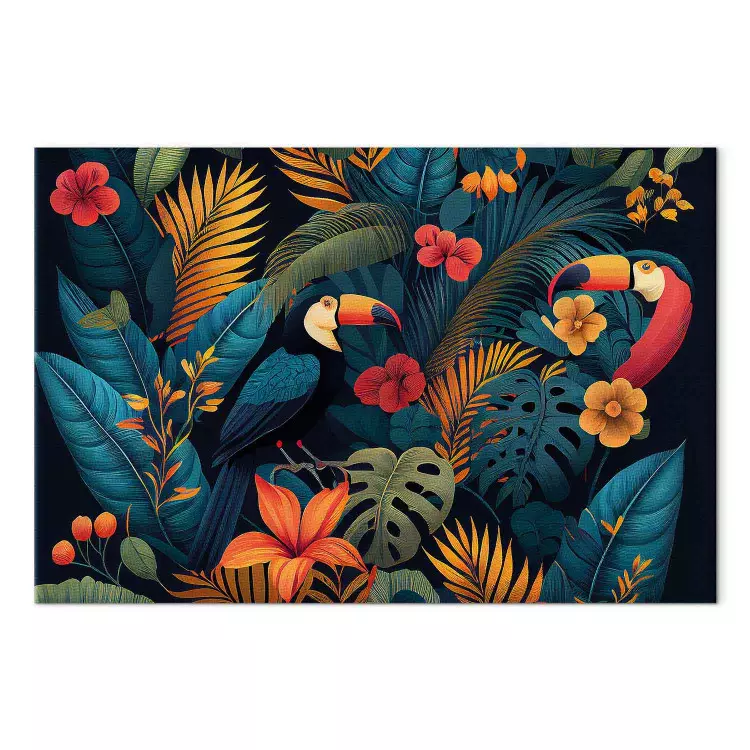 Canvas Exotic Birds - Toucans Among Colorful Vegetation in the Jungle