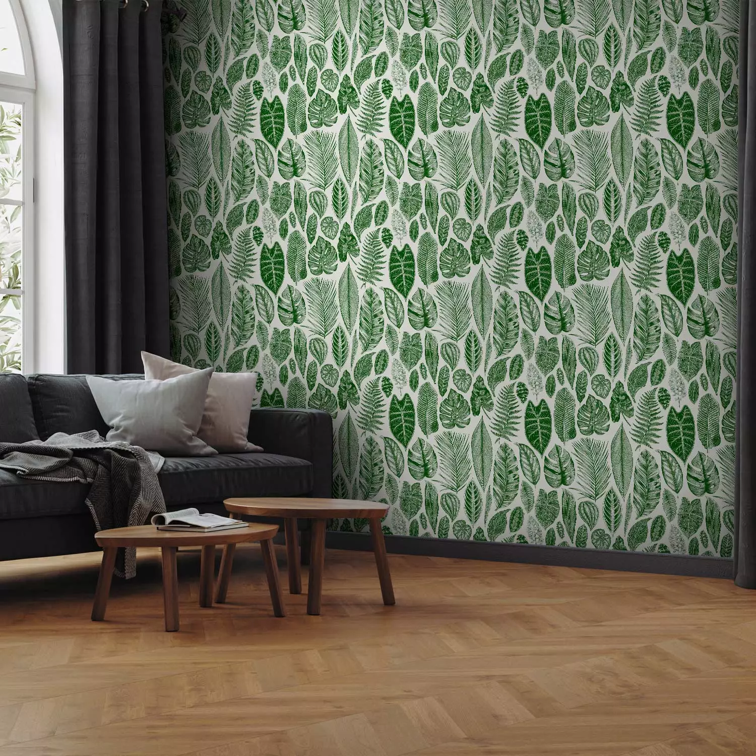 Modern Wallpaper Green Nature - Different Species and Sizes of Leaves on a White Background