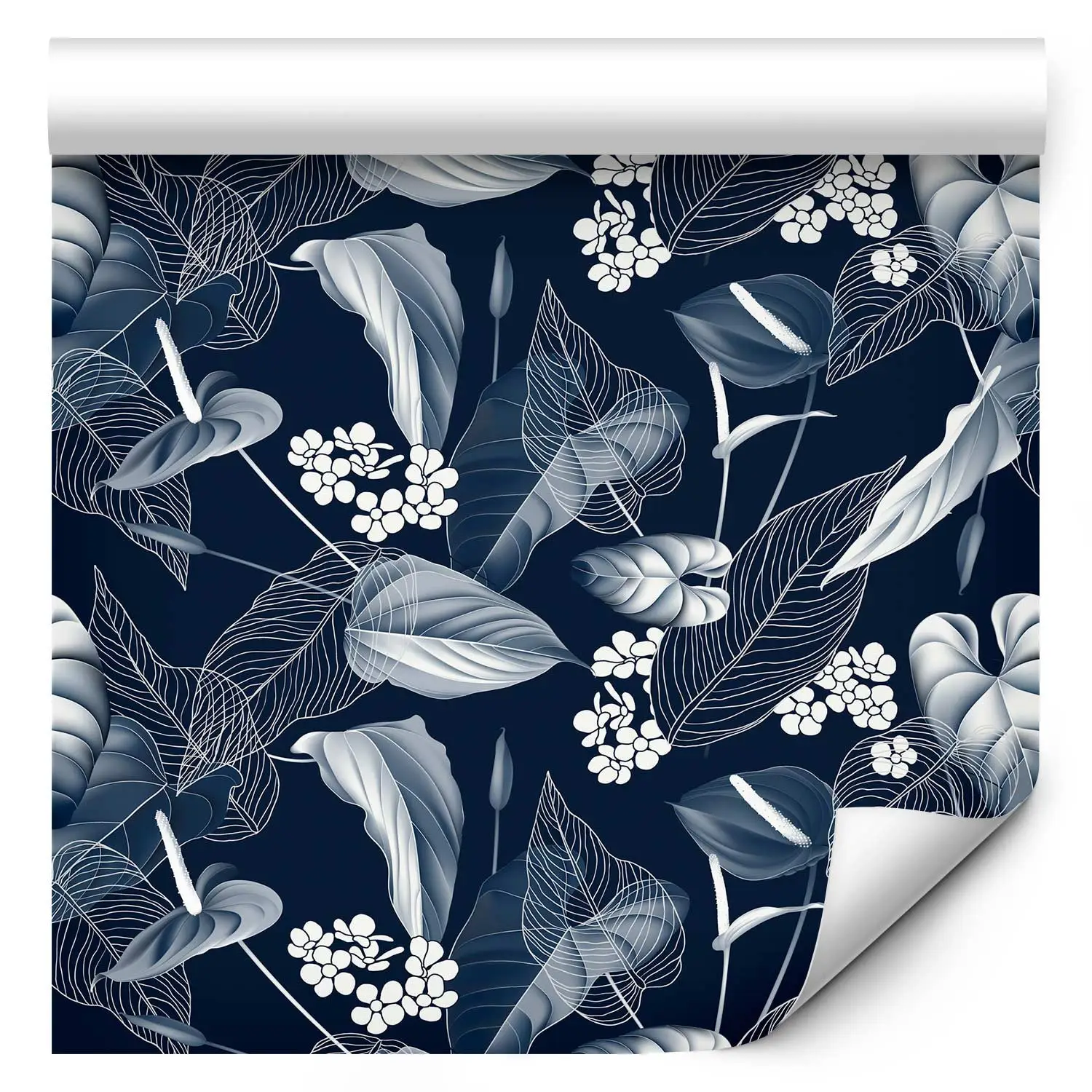 white wallpaper with navy flowers