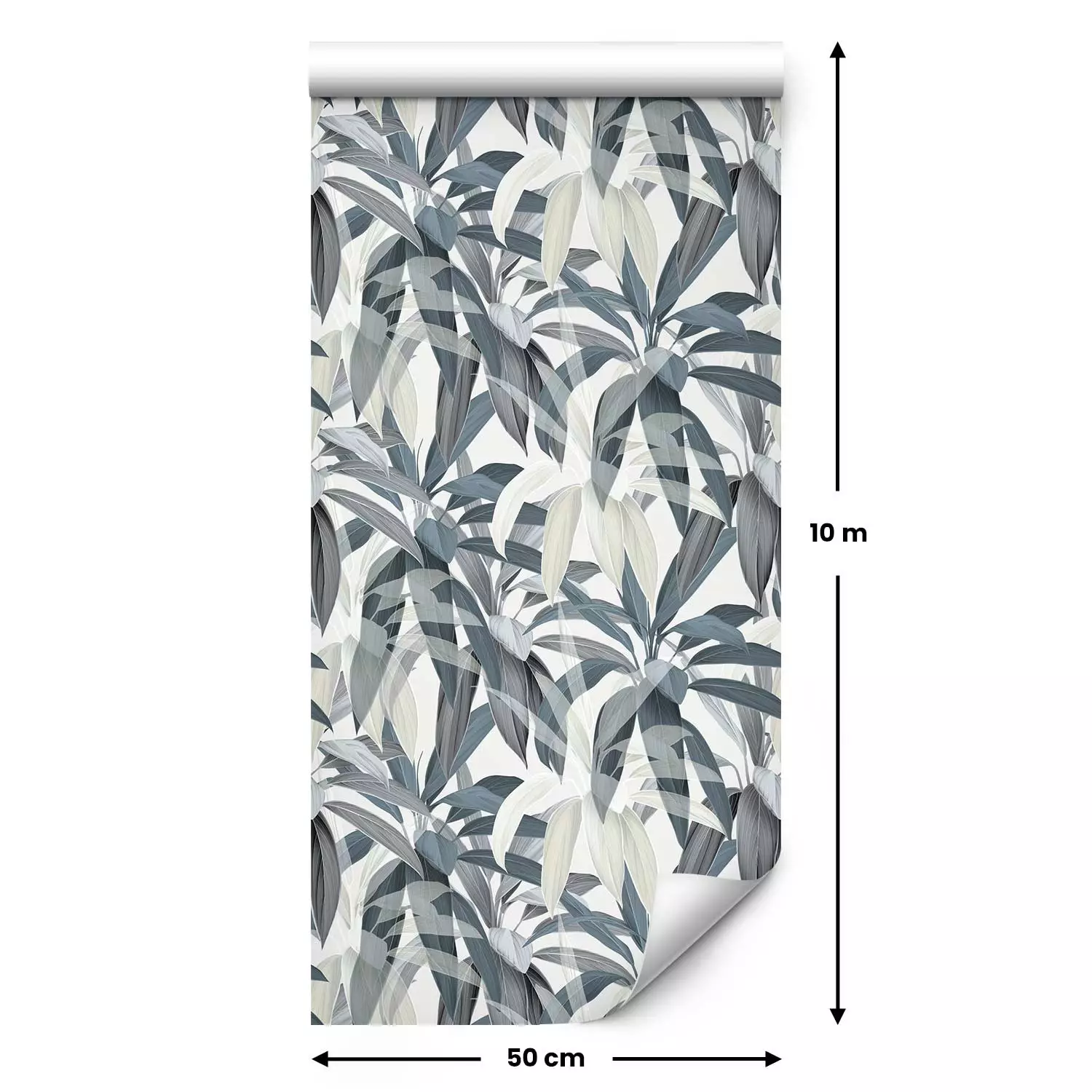 Modern Wallpaper Drawing of Nature - Blue-Gray Cordylina Leaves on a White Background