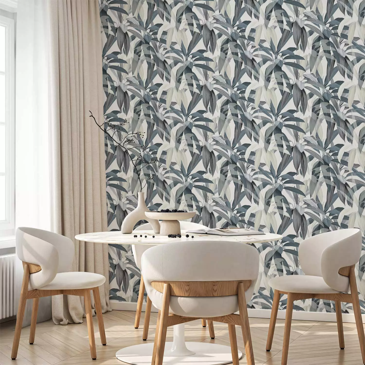 Modern Wallpaper Drawing of Nature - Blue-Gray Cordylina Leaves on a White Background