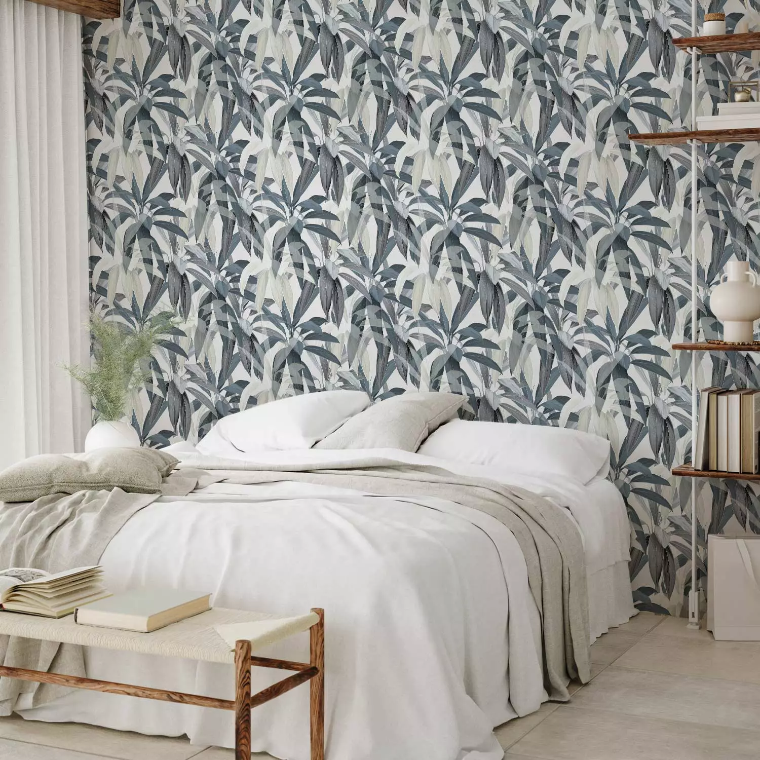 Modern Wallpaper Drawing of Nature - Blue-Gray Cordylina Leaves on a White Background
