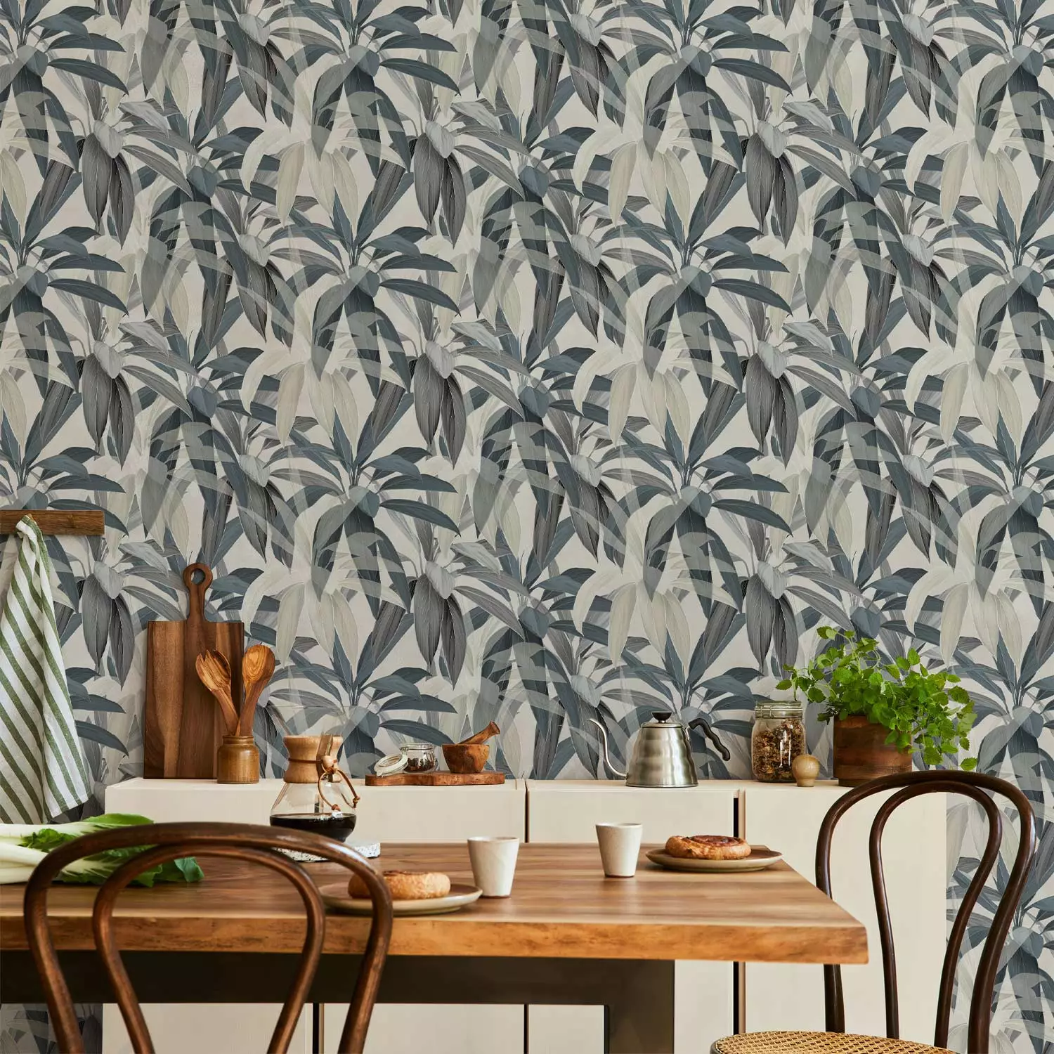 Modern Wallpaper Drawing of Nature - Blue-Gray Cordylina Leaves on a White Background