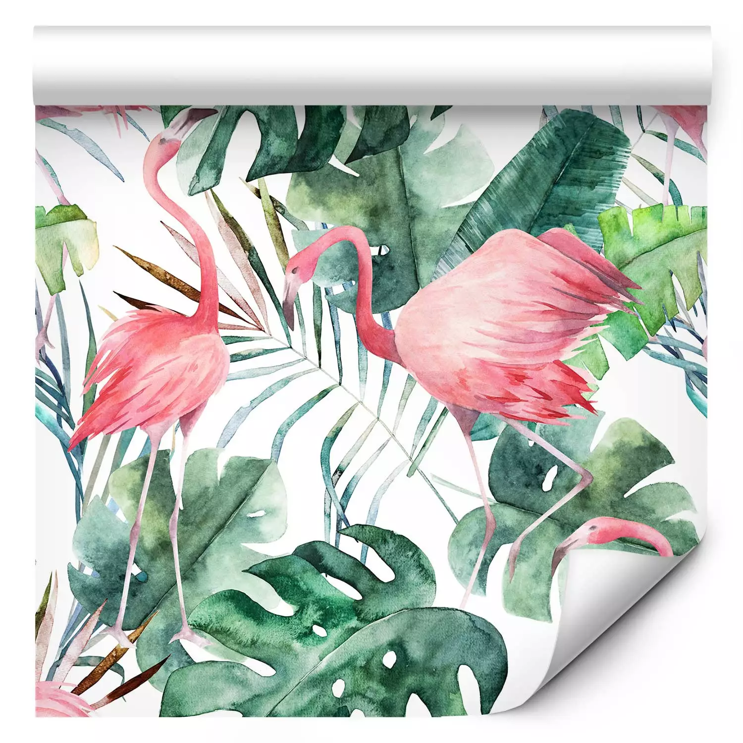 Modern Wallpaper Flamingos in the Jungle - Pink Birds Among the Big Green Leaves