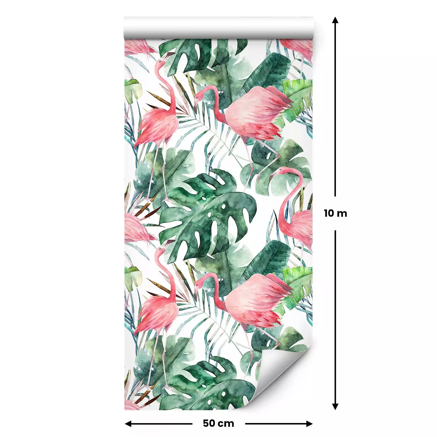 Modern Wallpaper Flamingos in the Jungle - Pink Birds Among the Big Green Leaves