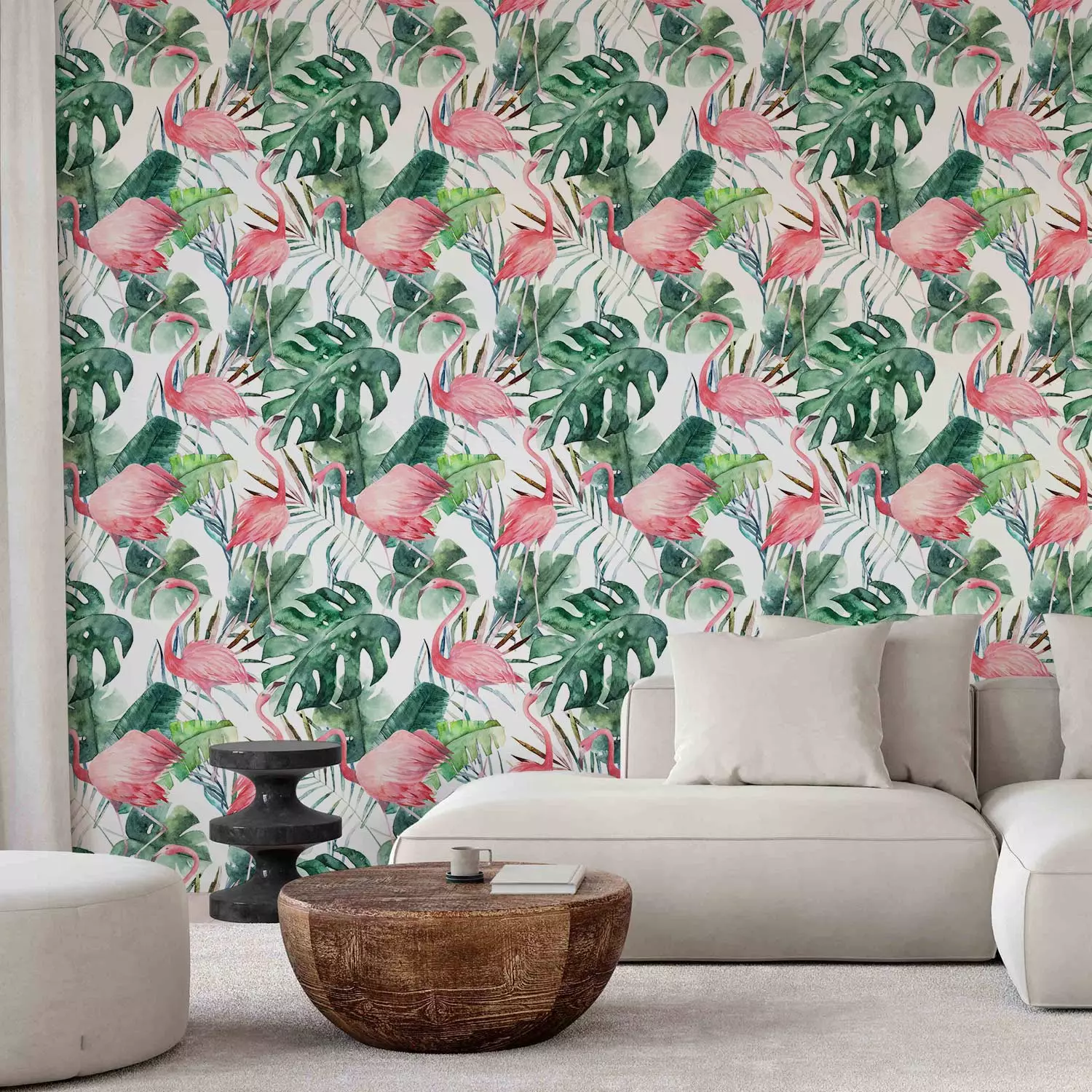 Modern Wallpaper Flamingos in the Jungle - Pink Birds Among the Big Green Leaves
