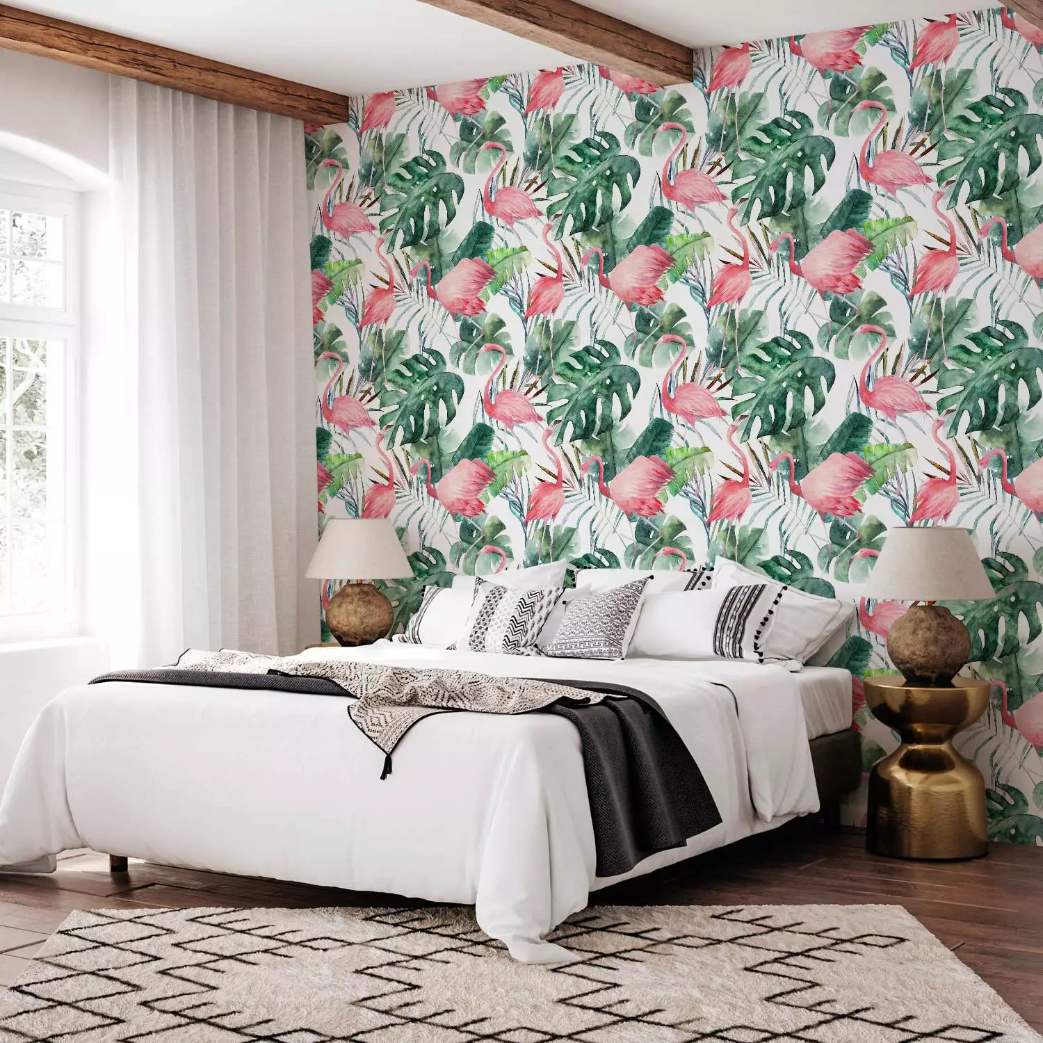 Modern Wallpaper Flamingos in the Jungle - Pink Birds Among the Big Green Leaves