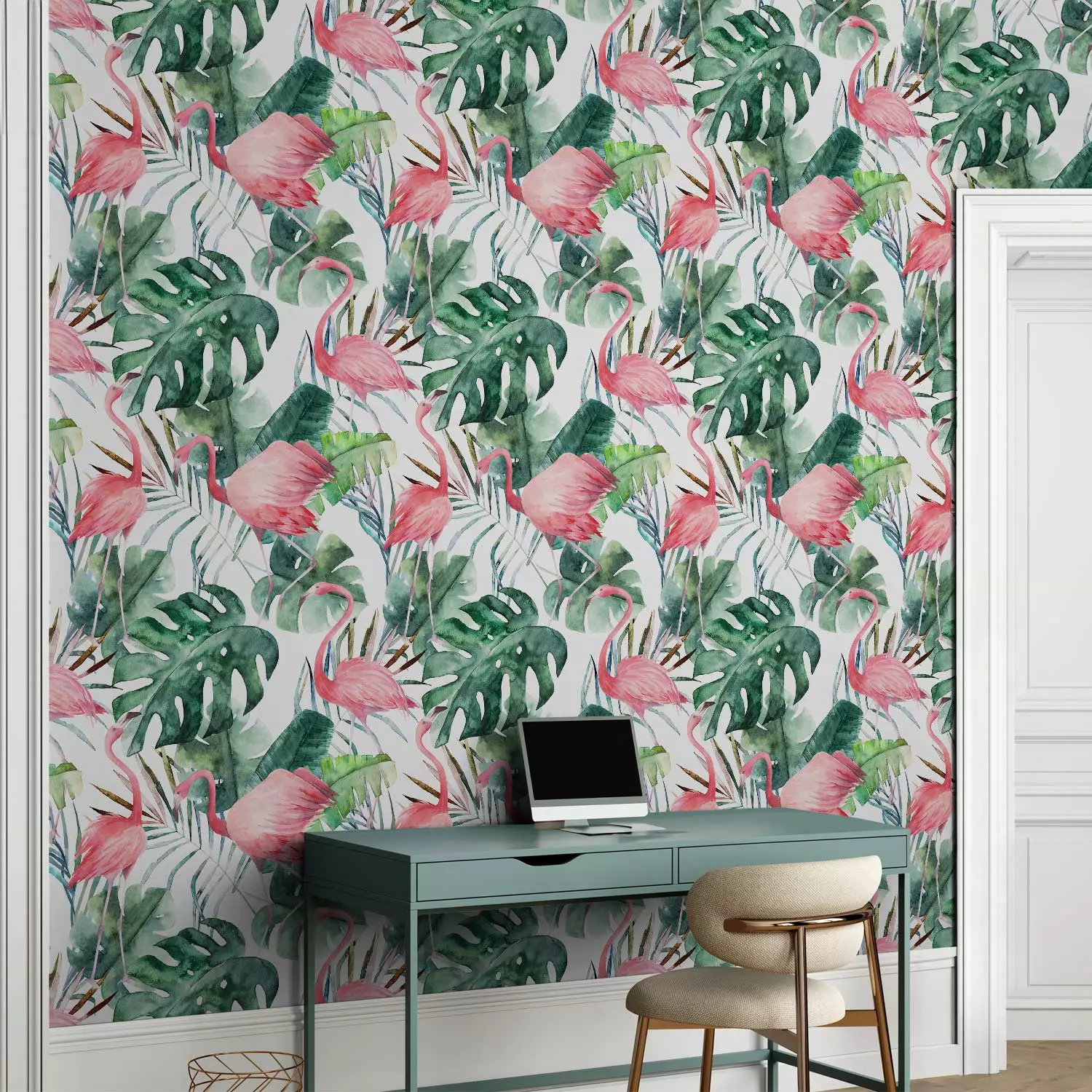 Modern Wallpaper Flamingos in the Jungle - Pink Birds Among the Big Green Leaves