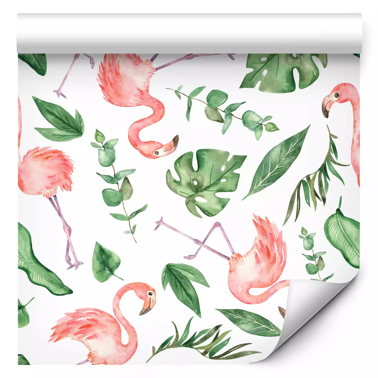 Wallpaper Exotic Pattern - Pink Flamingos and Green Leaves on a White Background