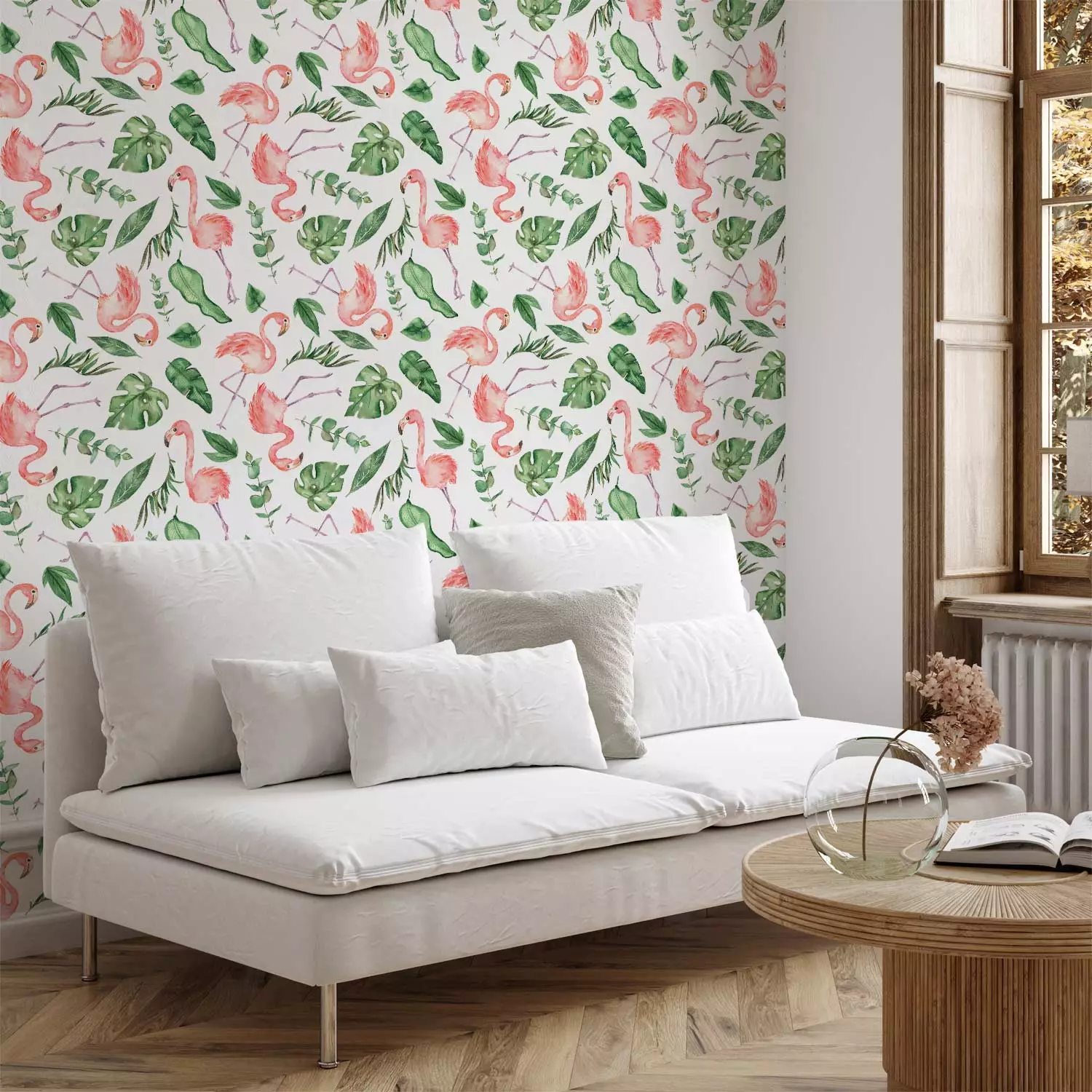 Wallpaper Exotic Pattern - Pink Flamingos and Green Leaves on a White Background