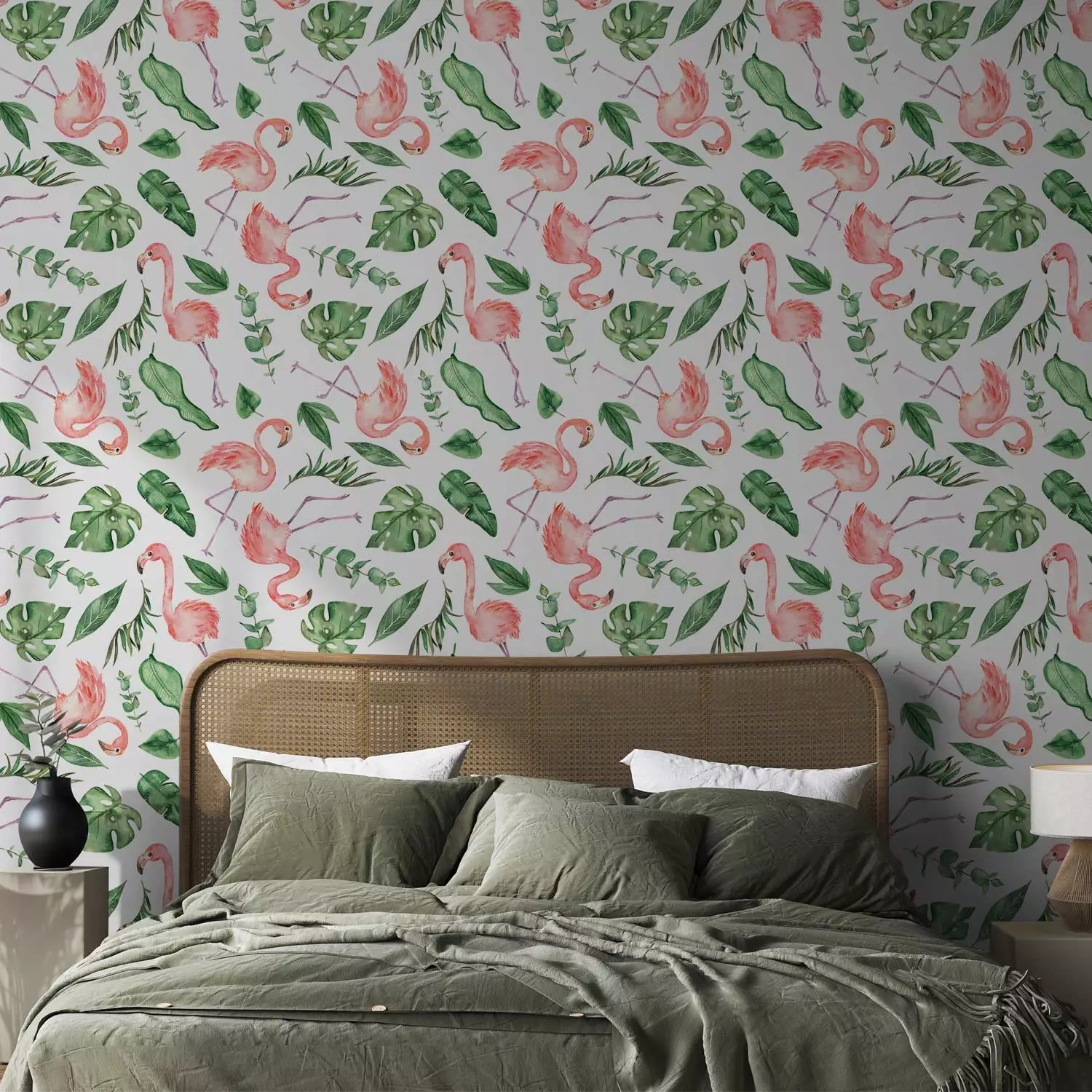 Wallpaper Exotic Pattern - Pink Flamingos and Green Leaves on a White Background