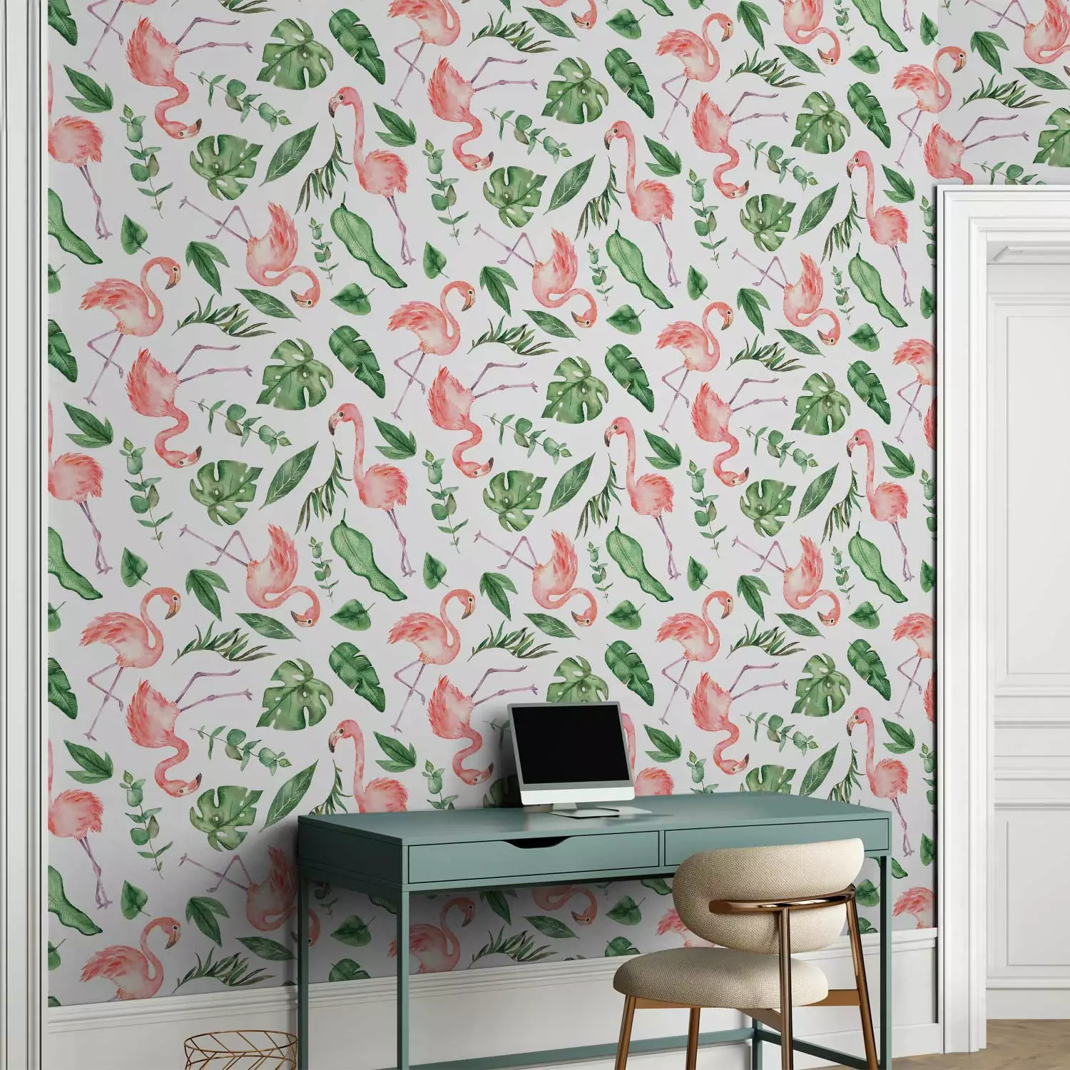 Wallpaper Exotic Pattern - Pink Flamingos and Green Leaves on a White Background