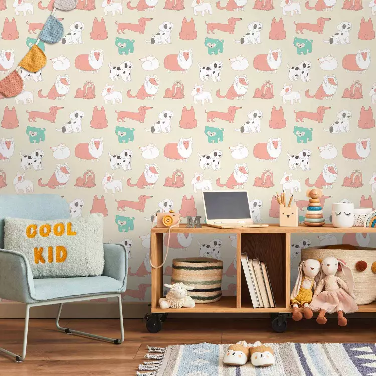 Wallpaper Animal Pattern - Various Breeds of Dogs on a Beige Background -  bimago
