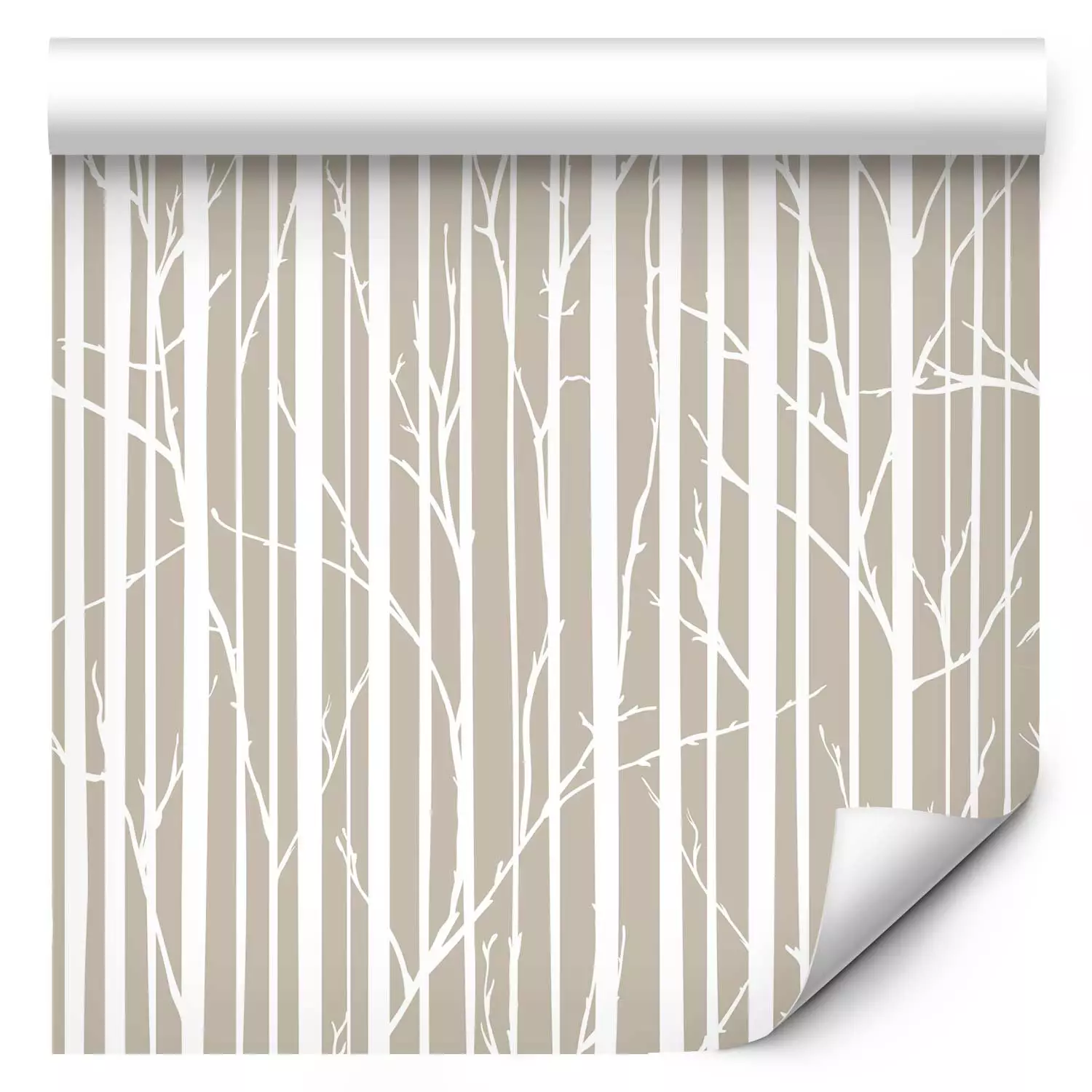 Wallpaper Forest Pattern - White Tree Trunks and Branches on a Beige Background