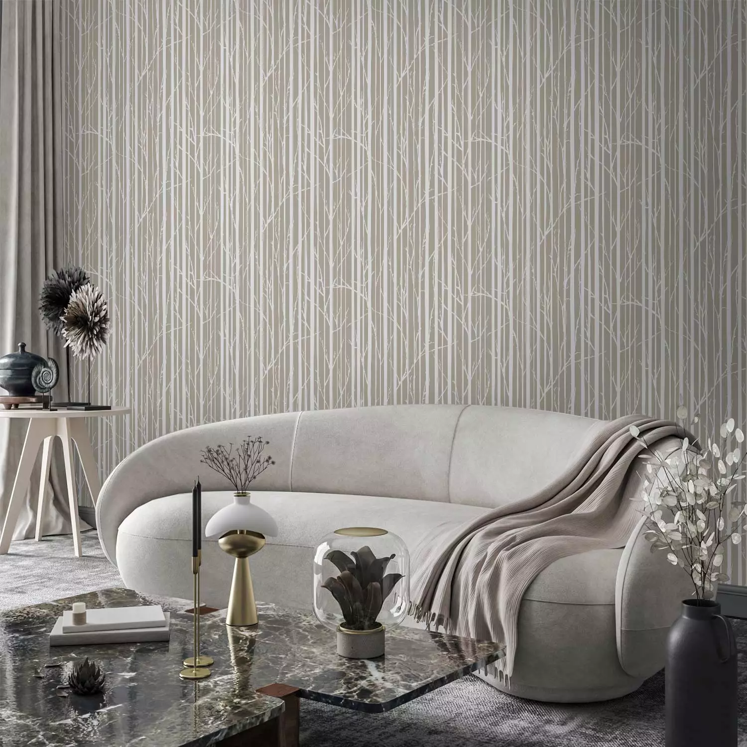 Wallpaper Forest Pattern - White Tree Trunks and Branches on a Beige Background
