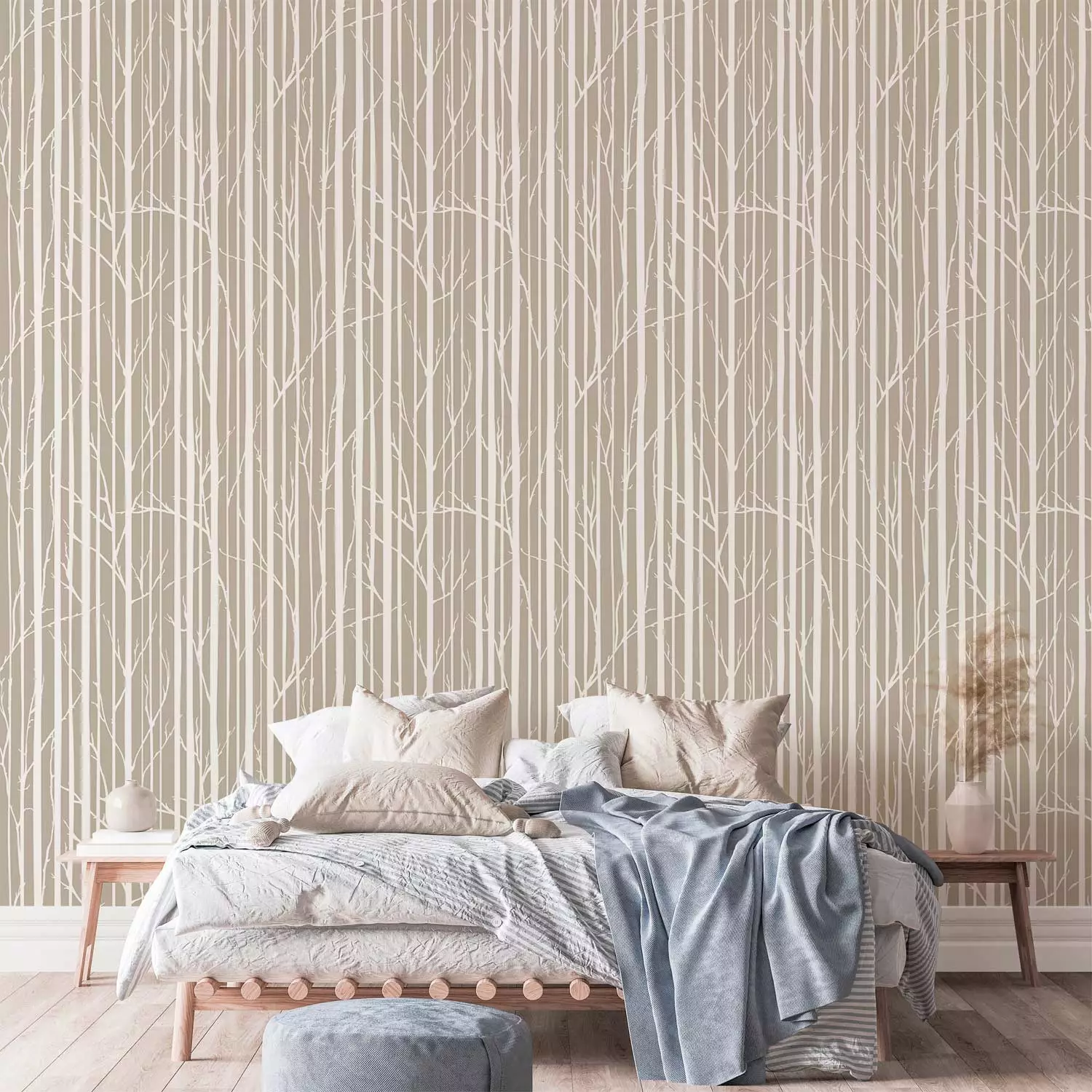 Wallpaper Forest Pattern - White Tree Trunks and Branches on a Beige Background