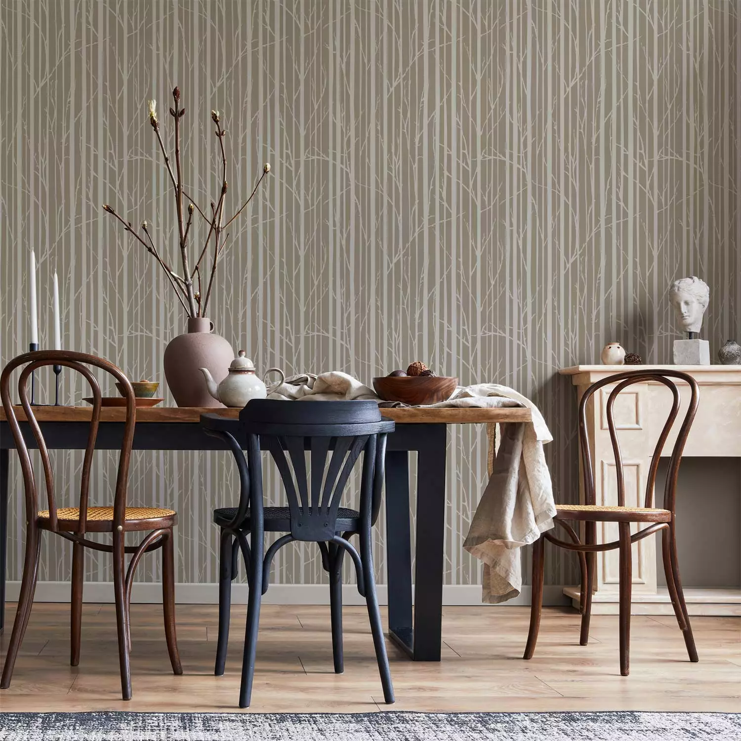 Wallpaper Forest Pattern - White Tree Trunks and Branches on a Beige Background