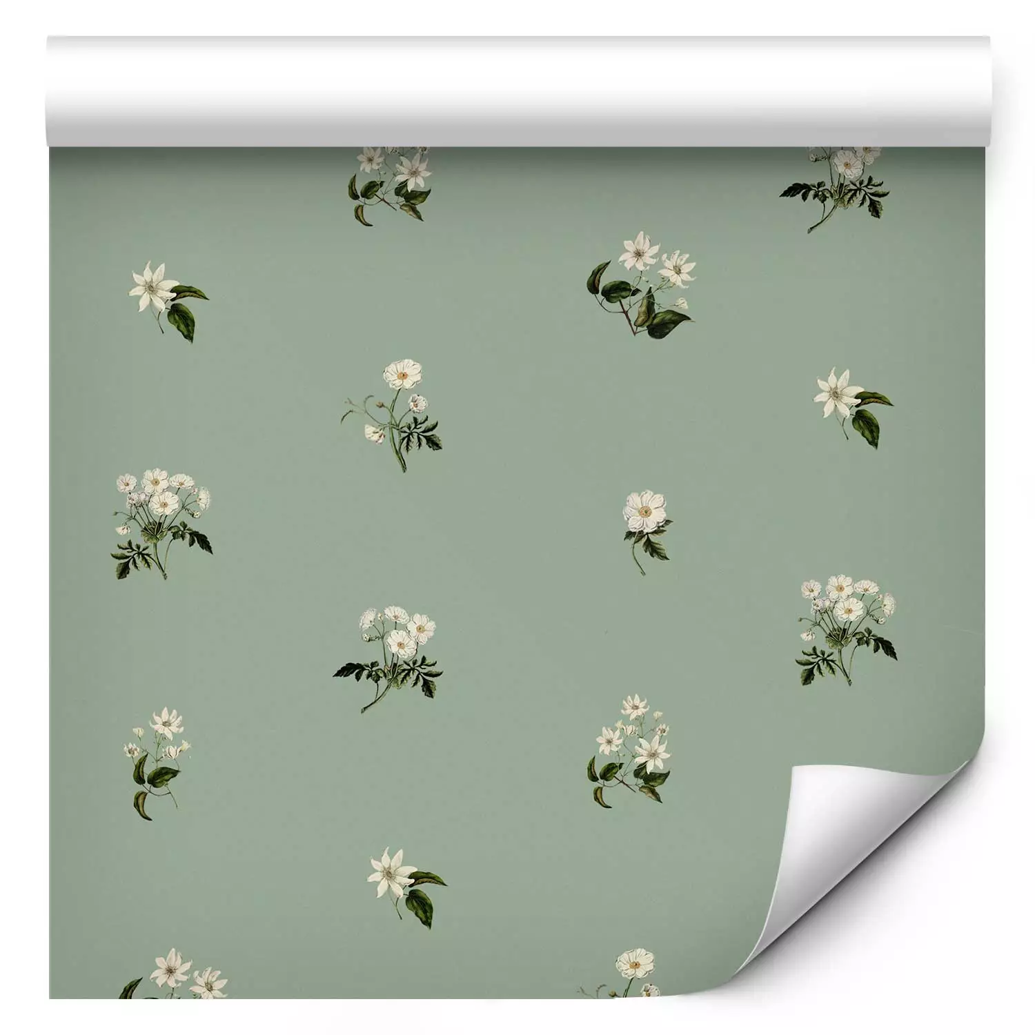 Wallpaper Tiny Flowers - Romantic Retro Pattern on a Green Background
