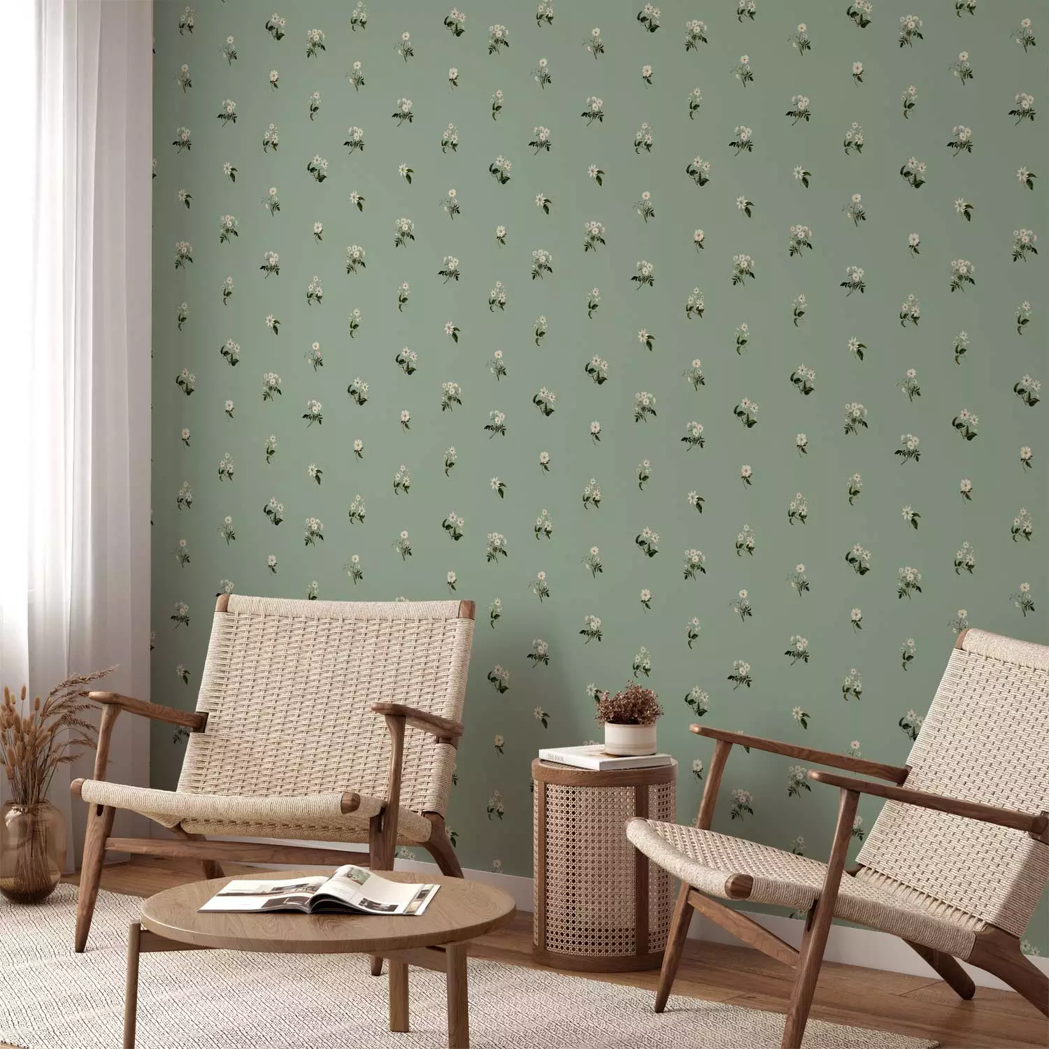 Wallpaper Tiny Flowers - Romantic Retro Pattern on a Green Background