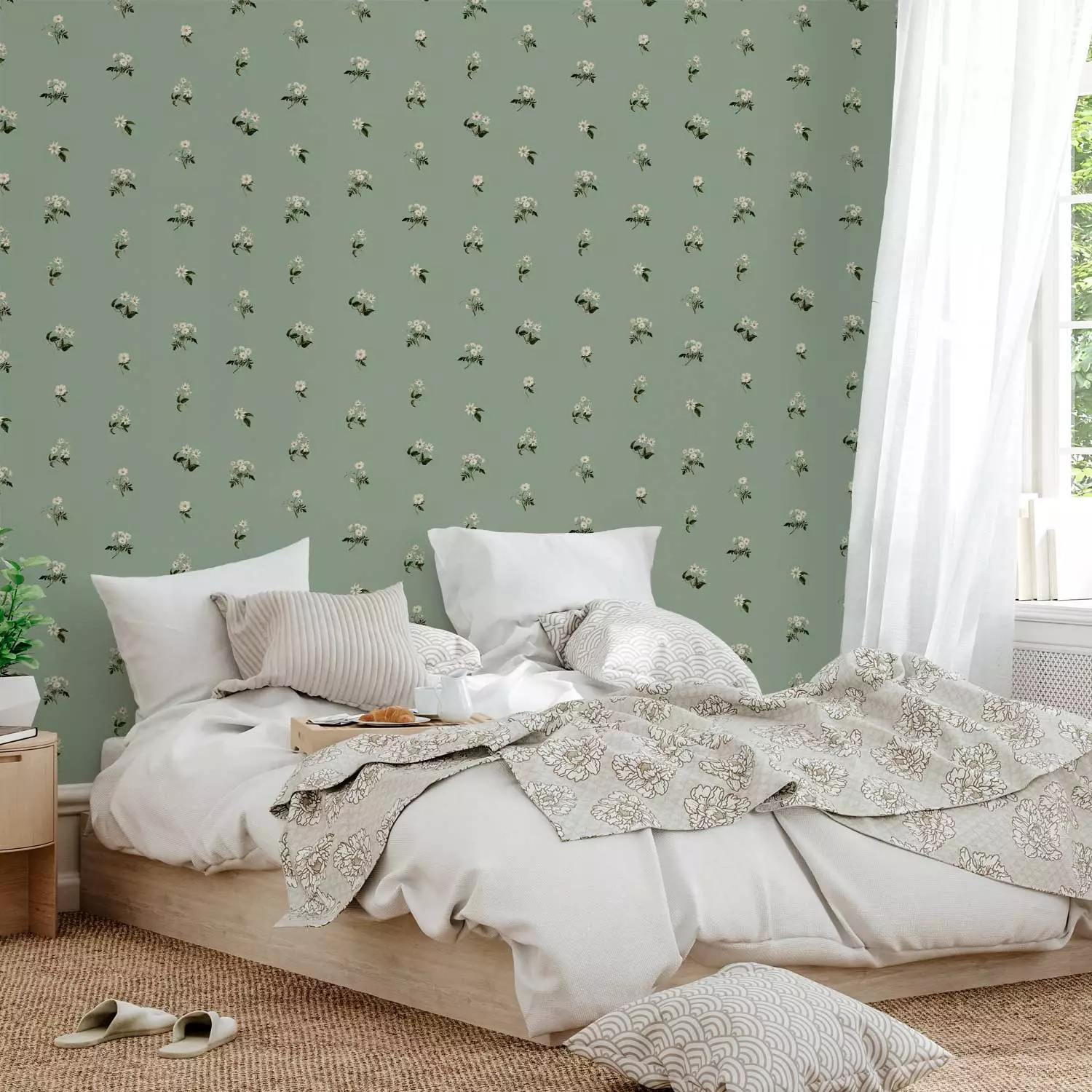 Wallpaper Tiny Flowers - Romantic Retro Pattern on a Green Background
