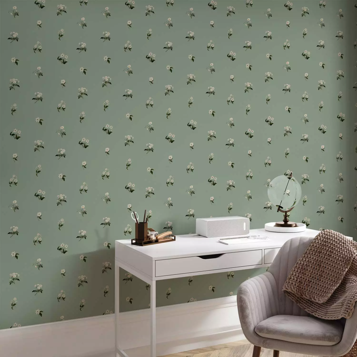 Wallpaper Tiny Flowers - Romantic Retro Pattern on a Green Background