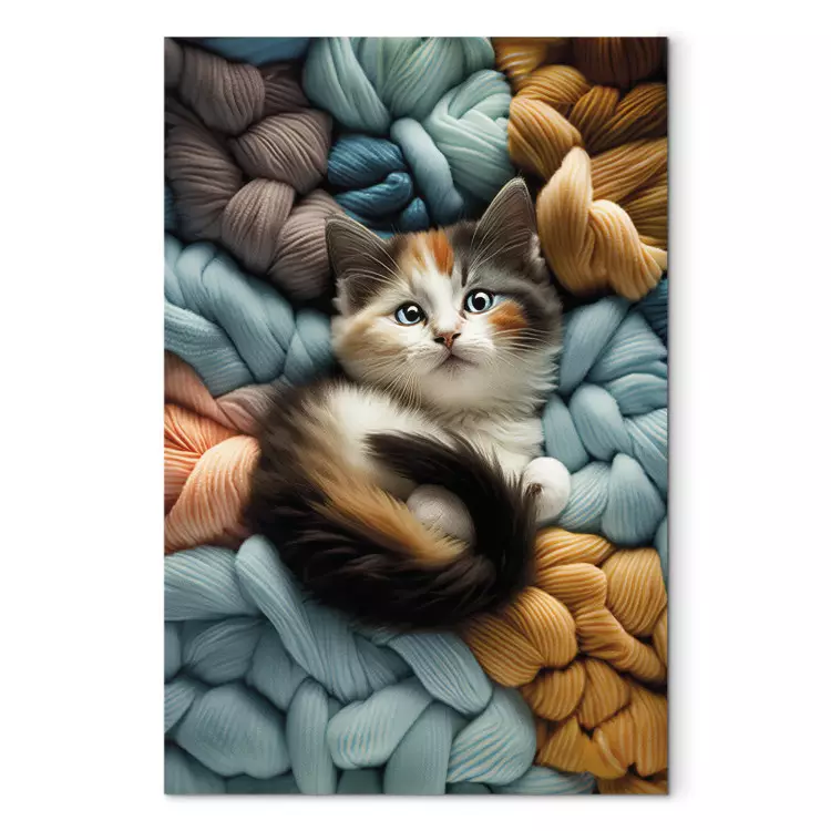 Canvas AI Calico Cat - Tortoiseshell Animal Resting on Bundles of Colorful Yarns - Vertical