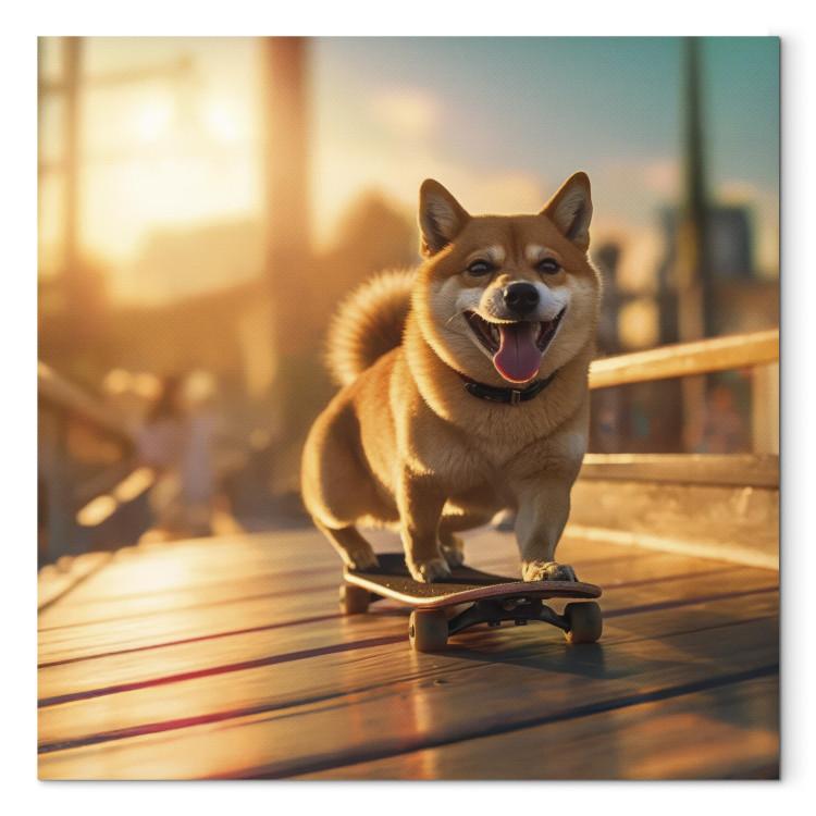 Canvas AI Shiba Dog - Smiling Animal on Skateboard at Sunset - Square