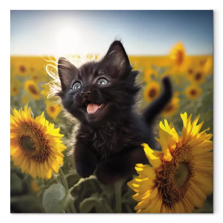Canvas AI Cat - Black Animal Dancing in a Field of Sunflowers in a Sunny Glow - Square