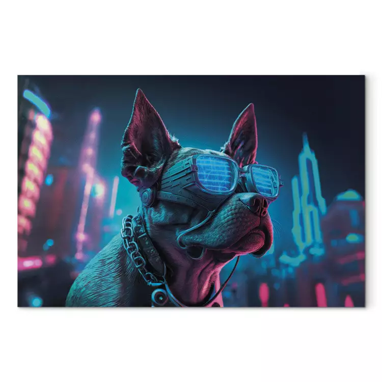 Canvas AI Dog Boston Terrier - Blue Animal in Glowing Glasses on City Neon Background - Horizontal