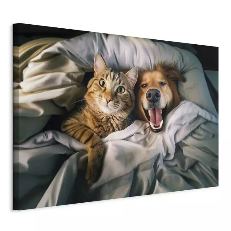 AI Golden Retriever Dog and Tabby Cat - Animals Resting in Comfortable Bedding - Horizontal