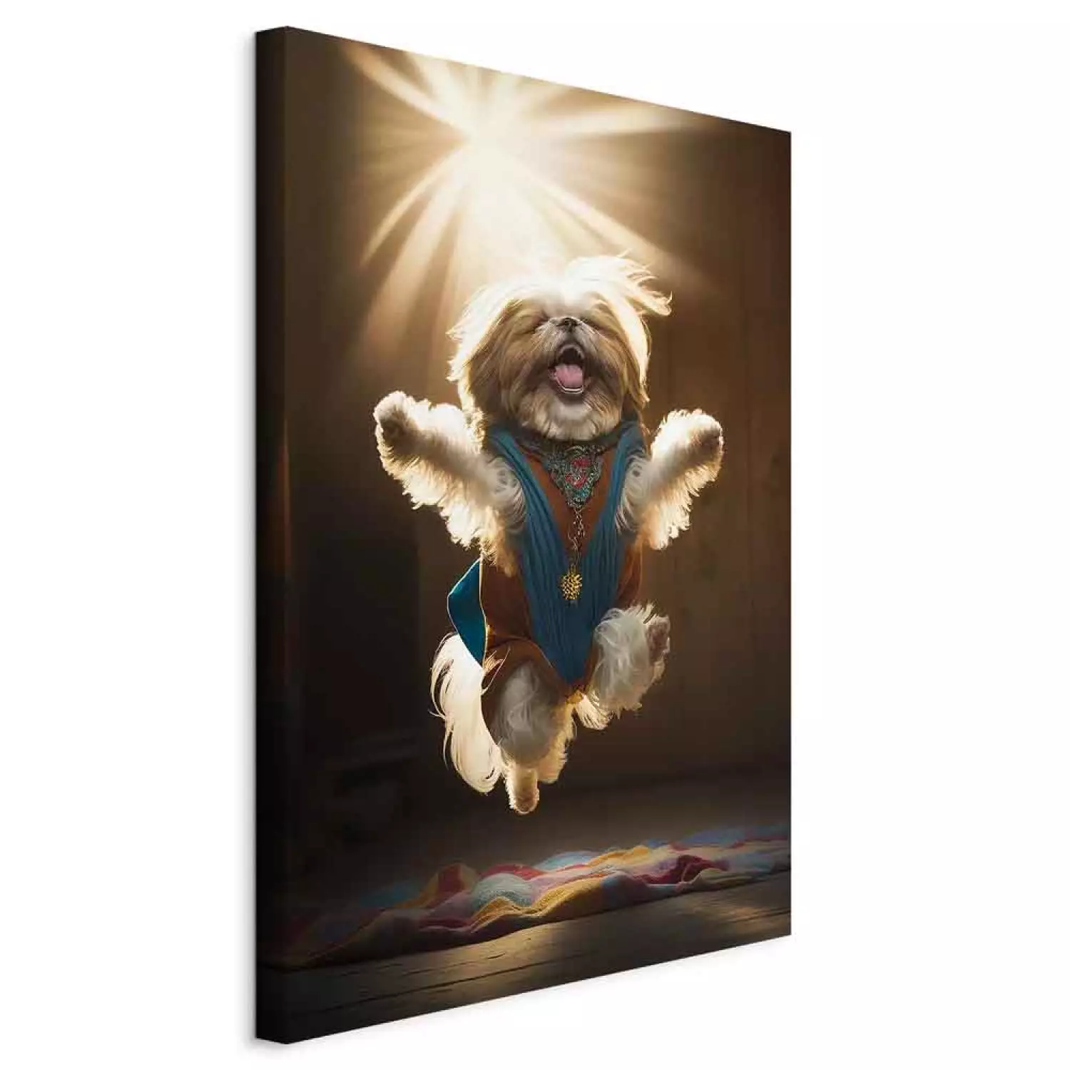 Canvas Print AI Shih Tzu Dog - Jumping Animal Against the Rays of the Sun - Vertical