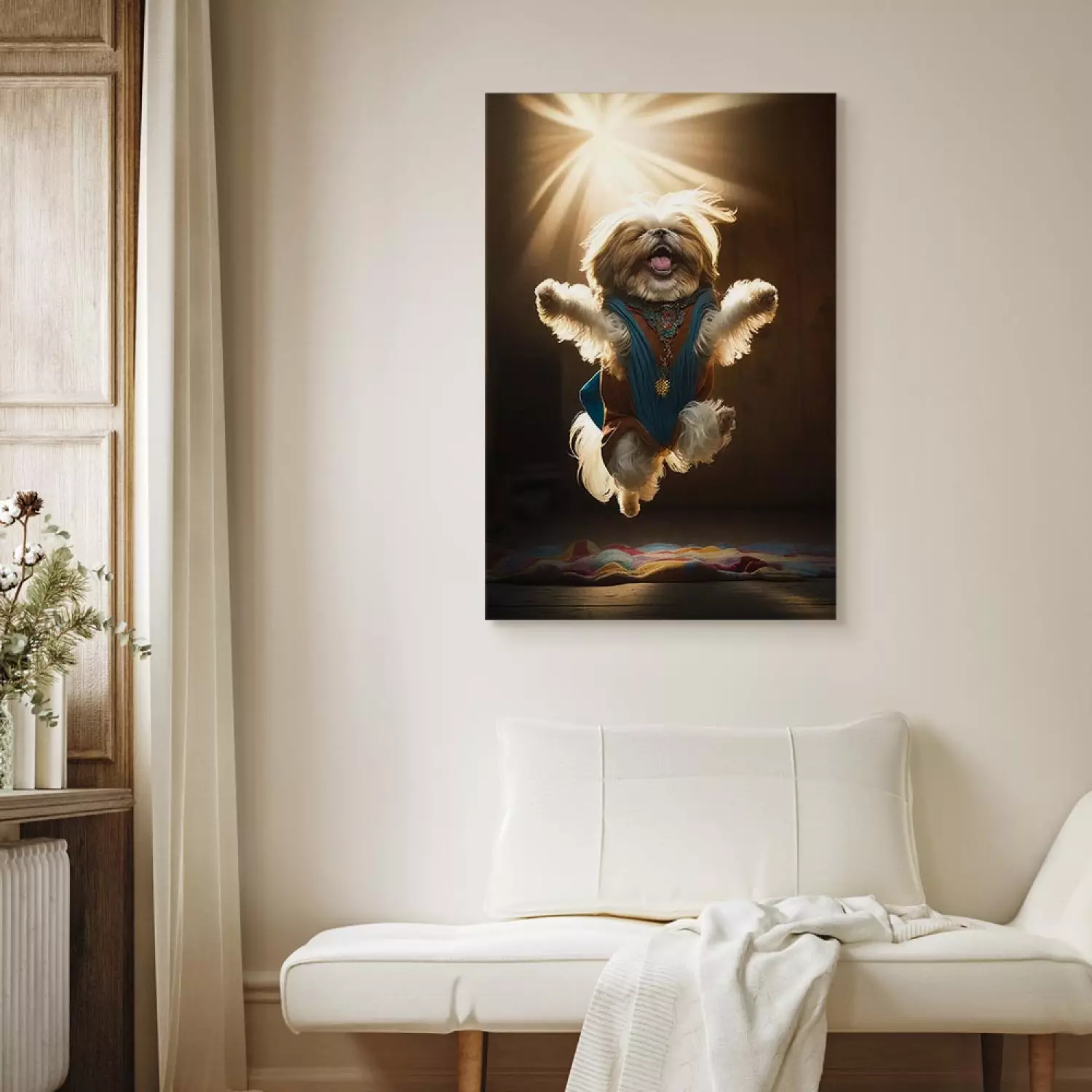 Canvas Print AI Shih Tzu Dog - Jumping Animal Against the Rays of the Sun - Vertical