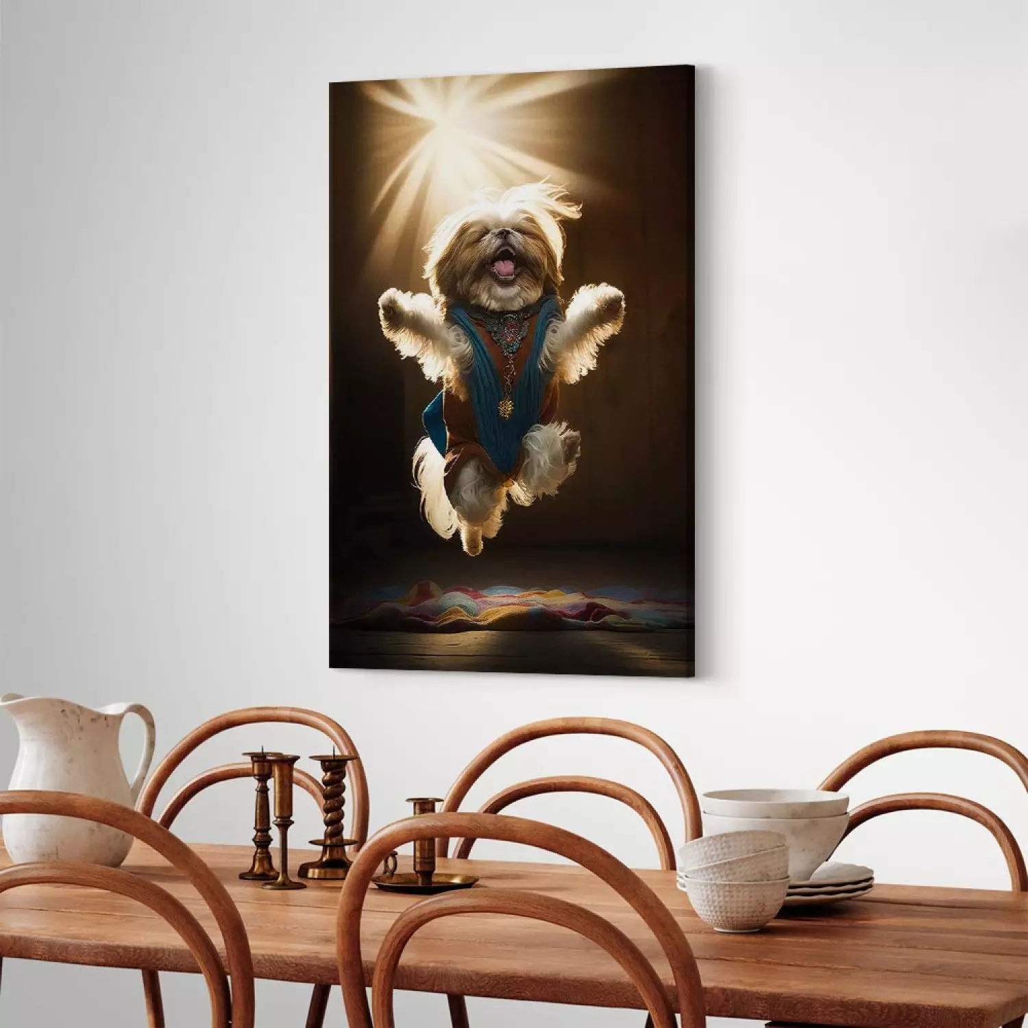 Canvas Print AI Shih Tzu Dog - Jumping Animal Against the Rays of the Sun - Vertical
