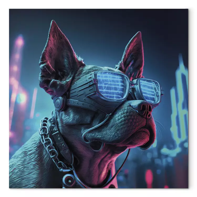 Canvas AI Dog Boston Terrier - Blue Animal in Glowing Glasses on City Neon Background - Square
