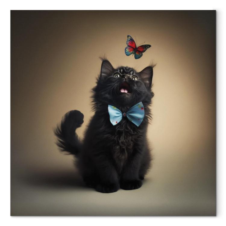 Canvas AI Cat - Animal in a Bow Tie Watching a Colorful Butterfly - Square