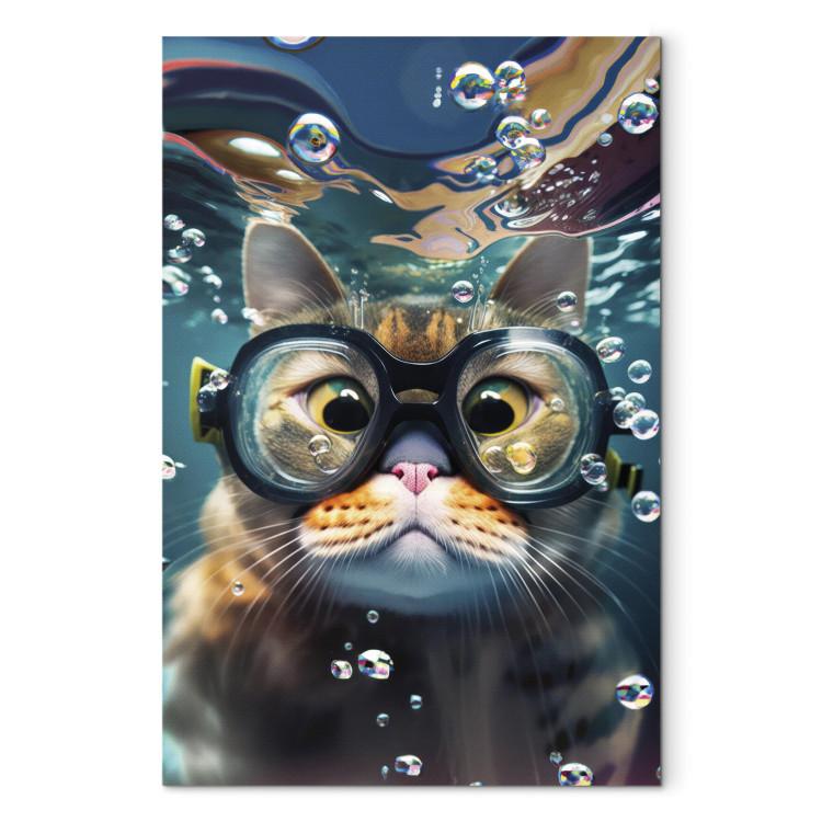 Canvas AI Cat - Diving Animal in Goggles Among Bubbles - Vertical