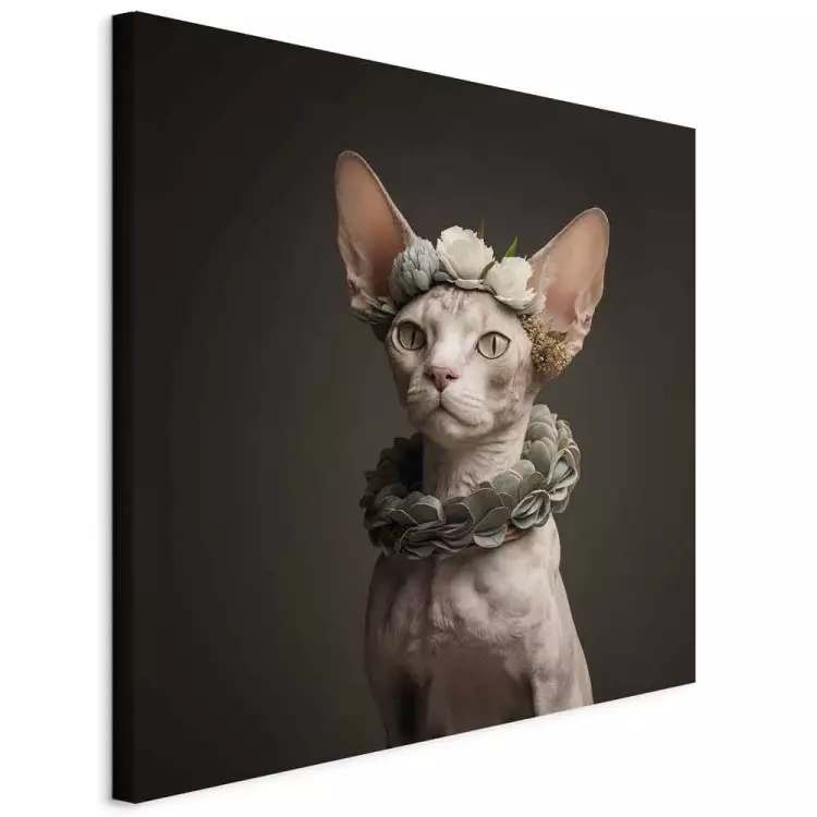 AI Sphinx Cat - Animal Portrait With Long Ears and Plant Jewelry - Square
