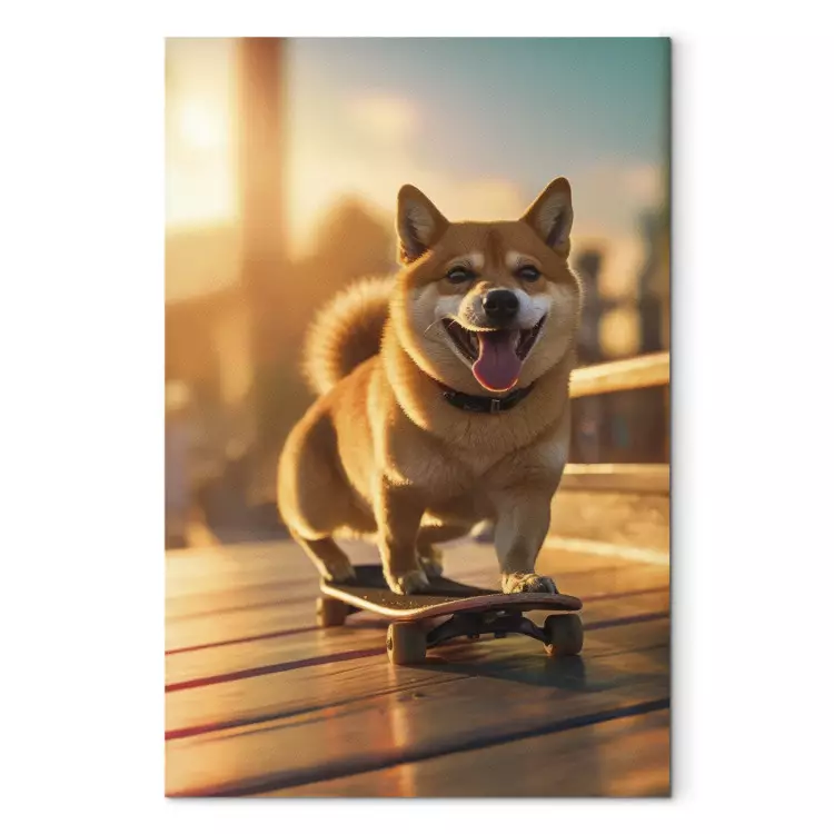 Canvas AI Shiba Dog - Smiling Animal on Skateboard at Sunset - Vertical