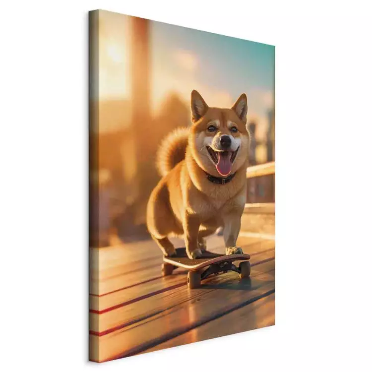 AI Shiba Dog - Smiling Animal on Skateboard at Sunset - Vertical