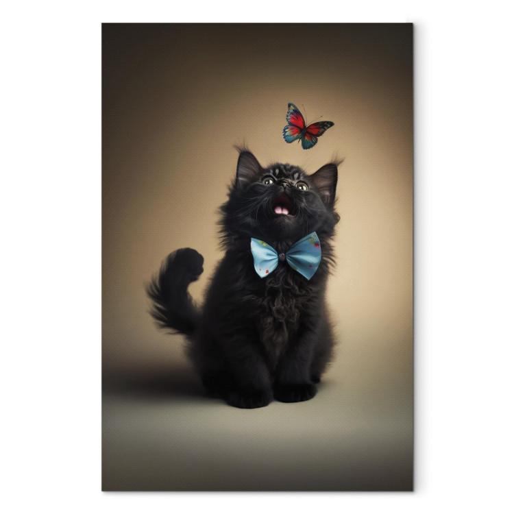 Canvas AI Cat - Animal in a Bow Tie Watching a Colorful Butterfly - Vertical