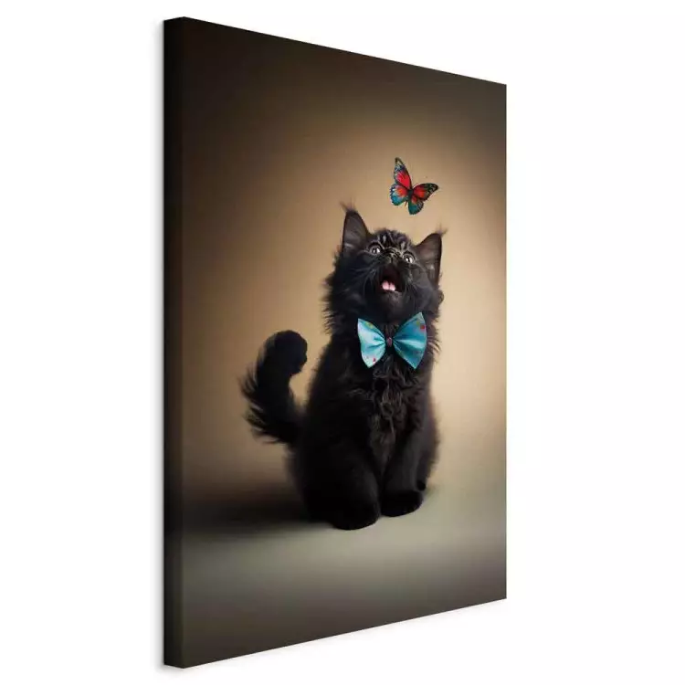 AI Cat - Animal in a Bow Tie Watching a Colorful Butterfly - Vertical