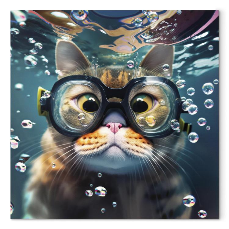 Canvas AI Cat - Diving Animal in Goggles Among Bubbles - Square