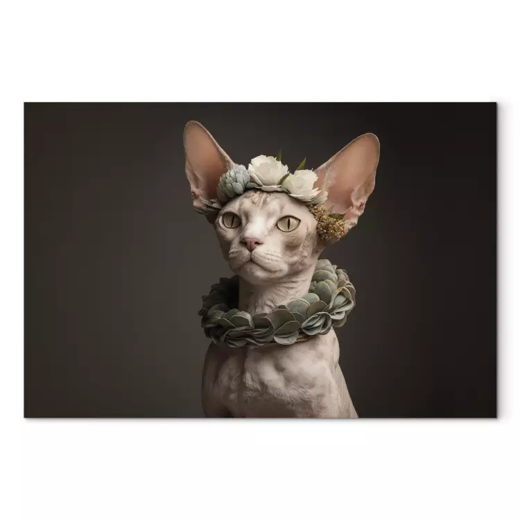 Canvas AI Sphinx Cat - Animal Portrait With Long Ears and Plant Jewelry - Horizontal