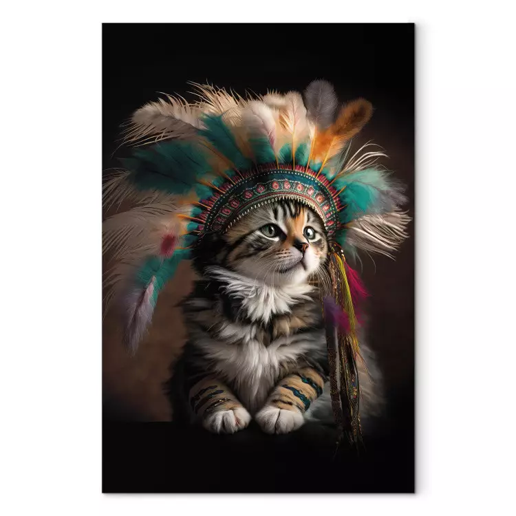 Canvas AI Kitty - Portrait of a Proud Animal in an Indian Headdress - Vertical