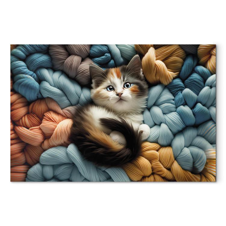 Canvas AI Calico Cat - Tortoiseshell Animal Resting on Bundles of Colorful Yarns - Horizontal