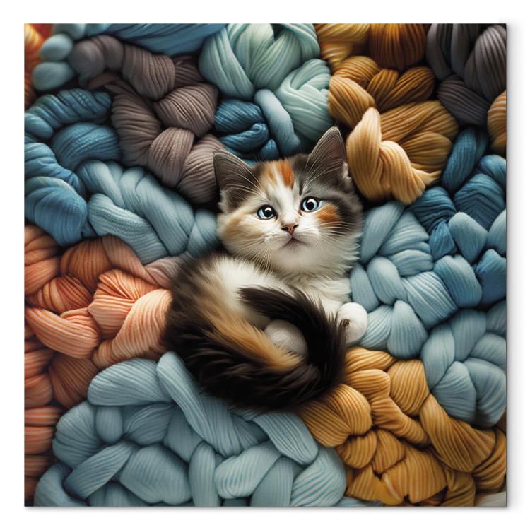 Canvas AI Calico Cat - Tortoiseshell Animal Resting on Bundles of Colorful Yarns - Square