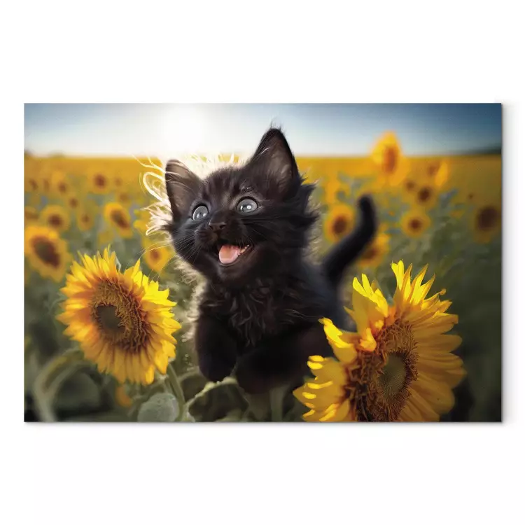 Canvas AI Cat - Black Animal Dancing in a Field of Sunflowers in a Sunny Glow - Horizontal