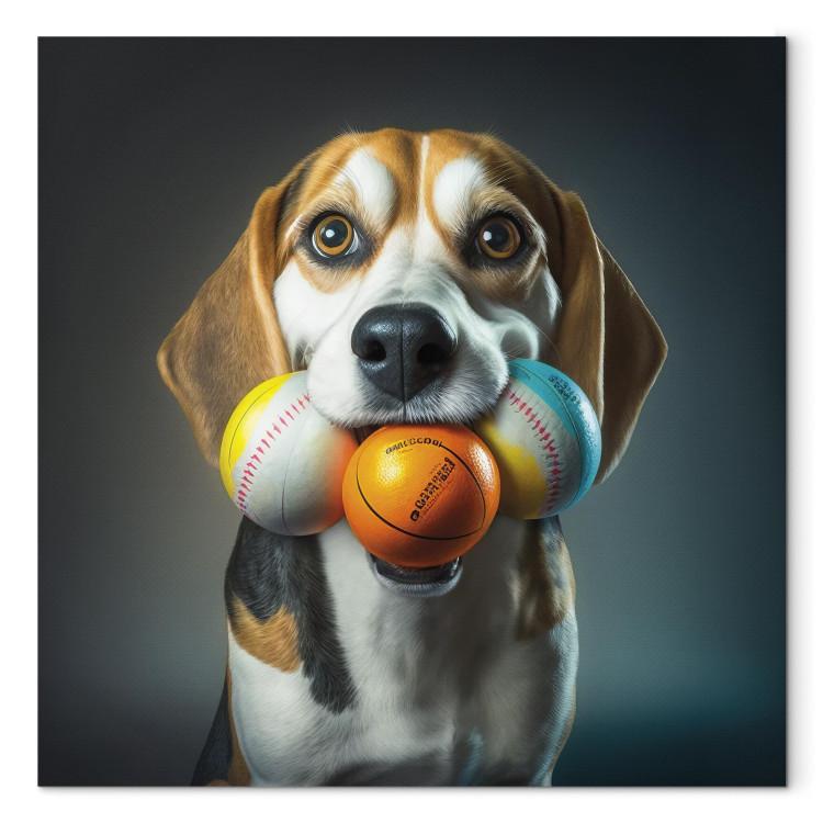 Canvas AI Beagle Dog - Portrait of a Animal With Three Balls in Its Mouth - Square