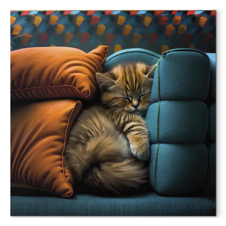 Canvas AI Cat - Cute Animal Sleeping Between Comfortable Pillows - Square
